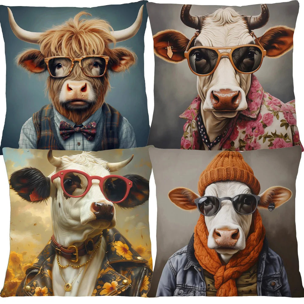 Cushion Cover Funky Farm Vintage Animals | Fox Highland Cow Sheep Alpaca Goat Donkey Horse