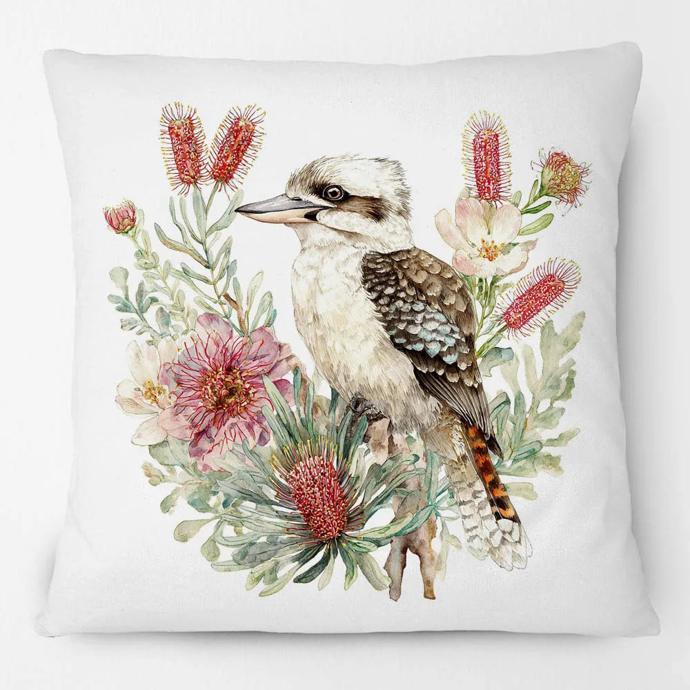 Kookaburra Cushion Cover | Watercolour Native Flowers | 45 x 45cm