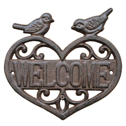 Welcome Heart Love Birds Cast Iron Sign Vintage Cottage - Wall Decor 19x18cm