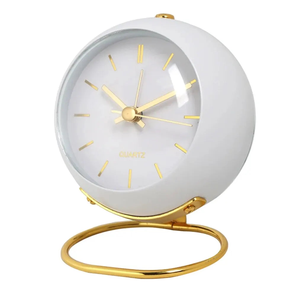 White Silent Globe Alarm Clock | Minimalist Gold Bedside Desk Clock | Scandi Nordic Decor