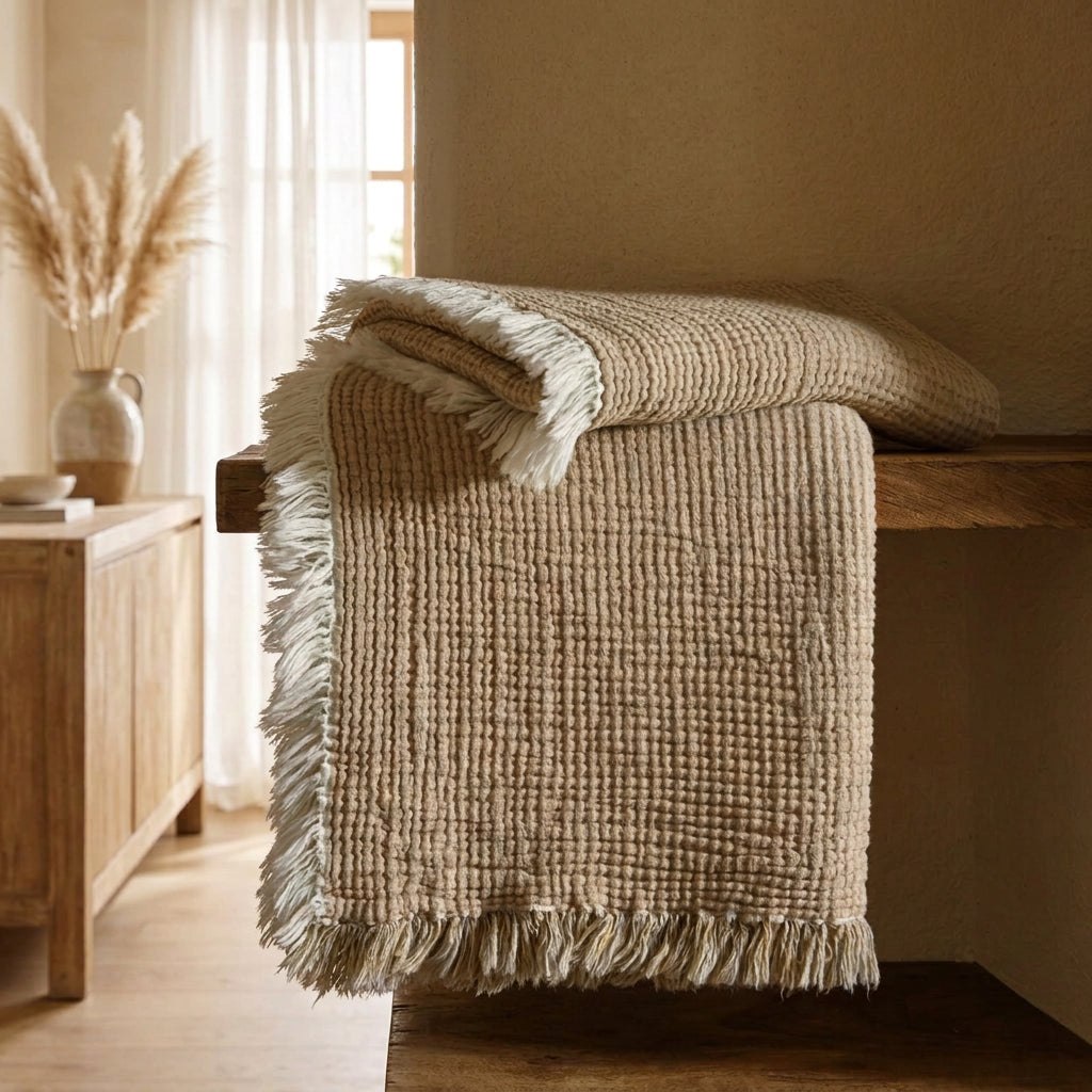 Cotton Linen Blend Throw Blanket | Textured Tassel Fringe | 2 Sizes