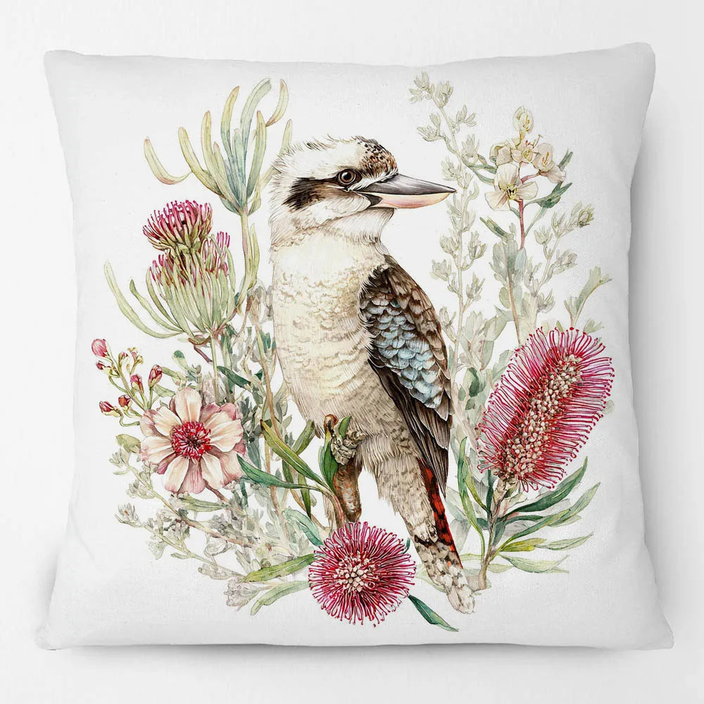 Kookaburra Cushion Cover | Watercolour Native Flowers | 45 x 45cm
