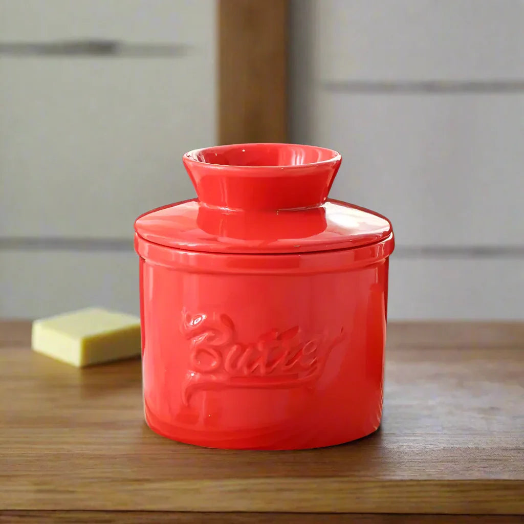 Butter Keeper Crock Retro Vintage Red Ceramic Butter Cup Holder 10cm x 9cm Base 10cm x 7.7cm