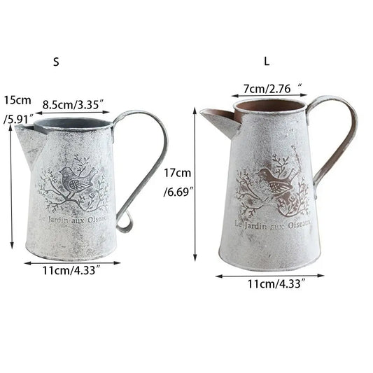 French Vintage Metal Pitcher Vase | Le Jardin aux Oiseaux | Rustic Galvanized Jug | Flower Holder | S & L