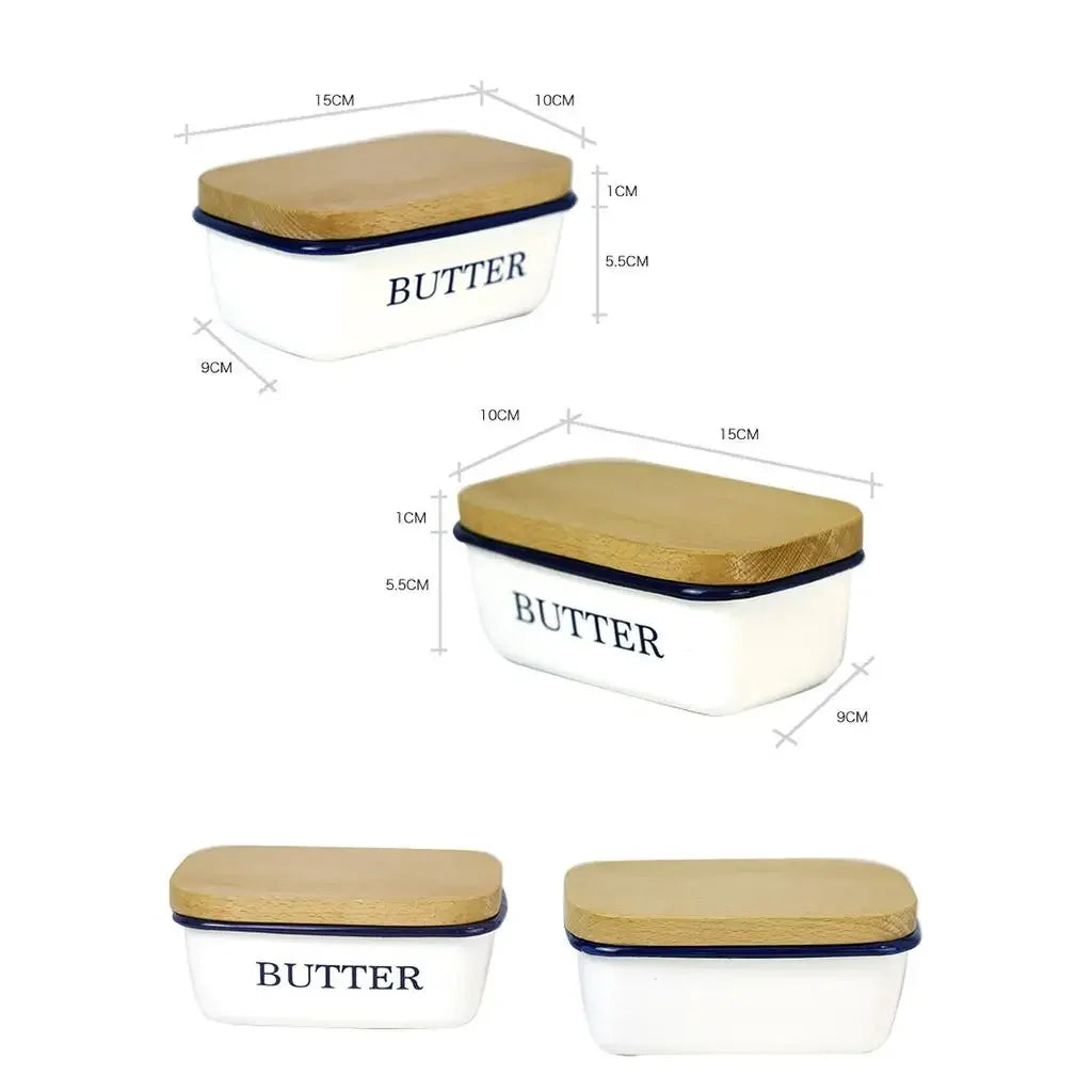 Butter Dish Enamel Wooden Lid Vintage - The Renmy Store Homewares & Gifts