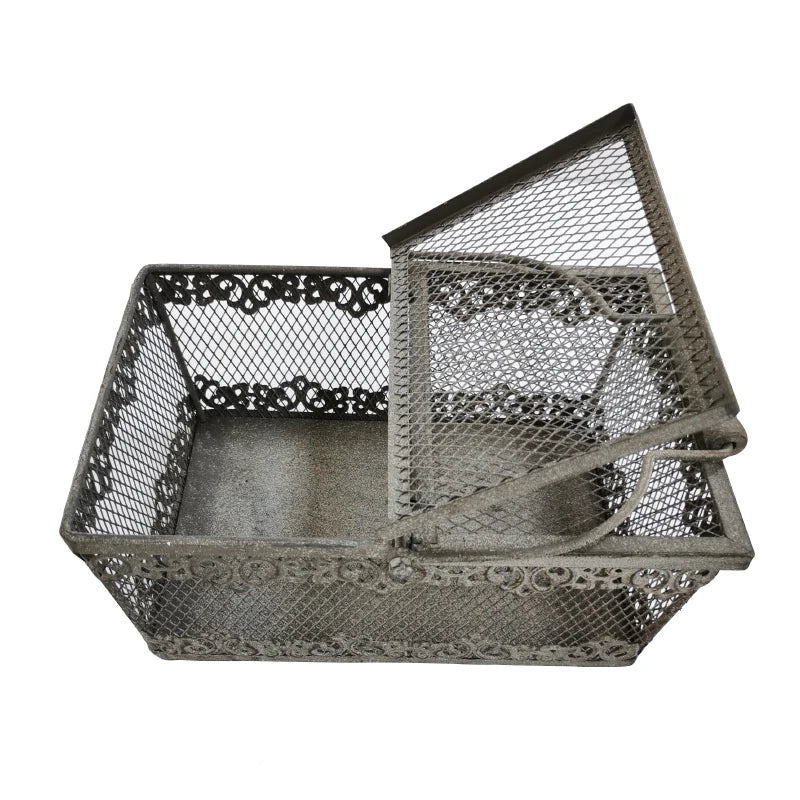 Vintage Metal Wire Storage Basket with Wooden Handle & Lid