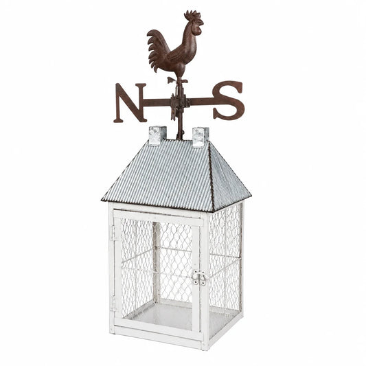 Rooster Weather Vane Lantern Cage | Rustic Iron Farmhouse Decor | 66cm