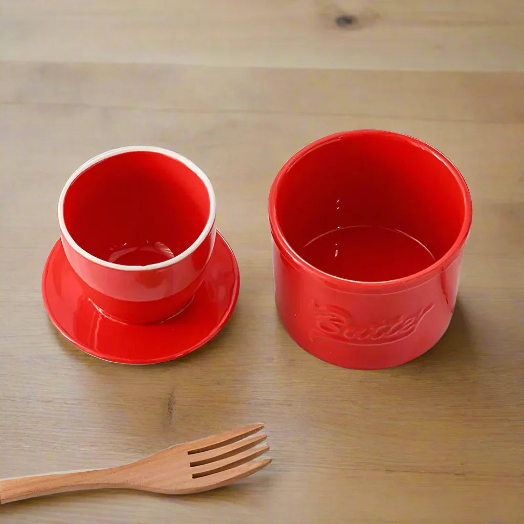 Butter Keeper Crock Retro Vintage Red Ceramic Butter Cup Holder 10cm x 9cm Base 10cm x 7.7cm
