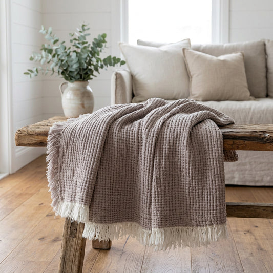 Cotton Linen Blend Throw Blanket | Textured Tassel Fringe | 2 Sizes
