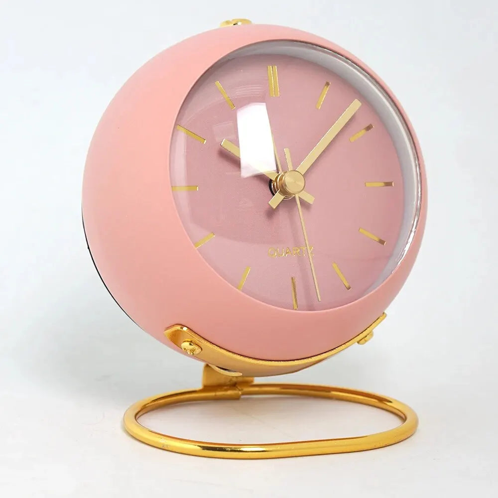 Pink Silent Globe Alarm Clock | Minimalist Gold Bedside Desk Clock | Scandi Nordic Decor