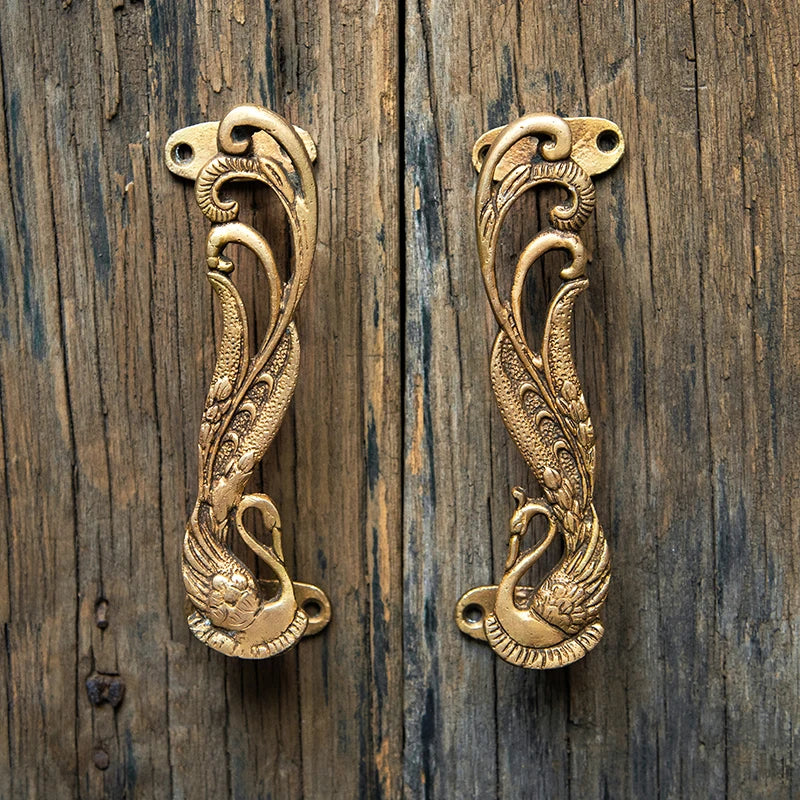 Solid Brass Peacock Door Handle | Vintage Phoenix Pull Handle | Wardrobe, Cabinet & Front Door