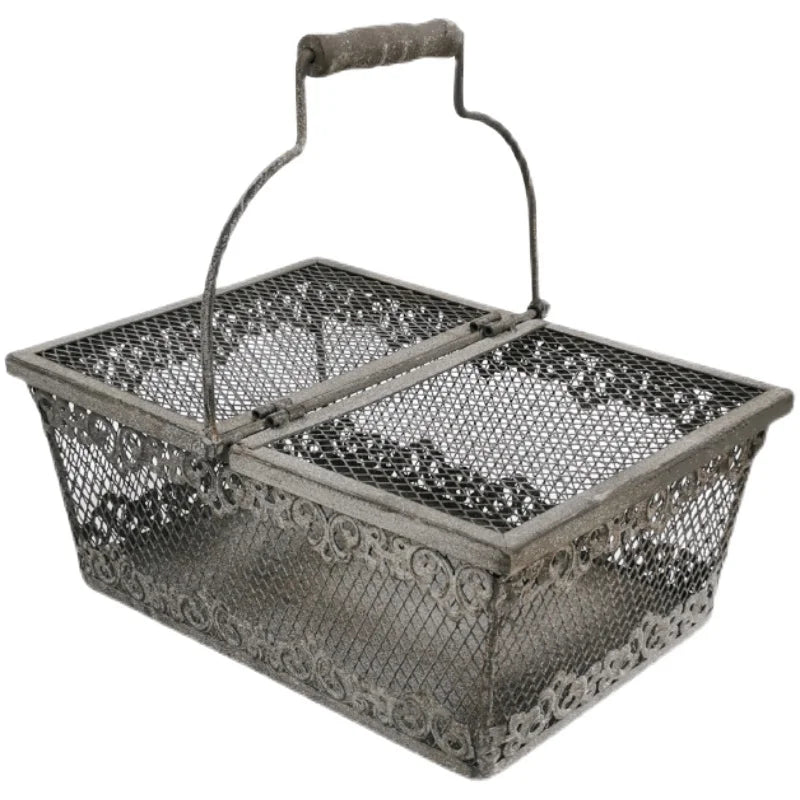 Vintage Metal Wire Storage Basket with Wooden Handle & Lid