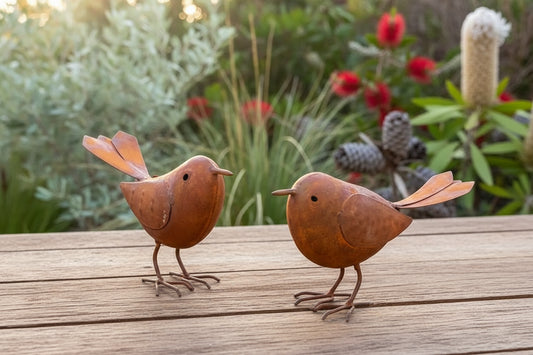 Metal Bird Garden Art Rusty Iron Set of 2 Outdoor Decor