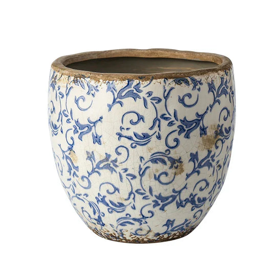 Pot Planter Antique Blue Floral White