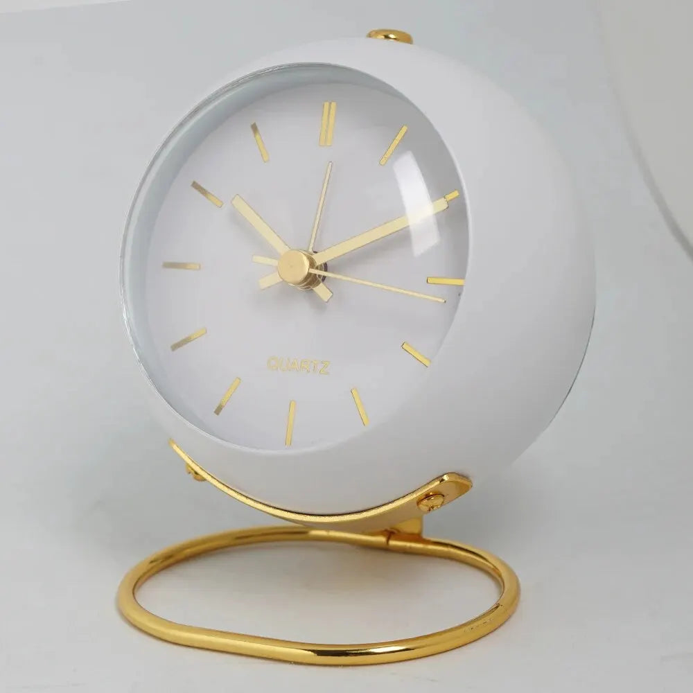 White Silent Globe Alarm Clock | Minimalist Gold Bedside Desk Clock | Scandi Nordic Decor