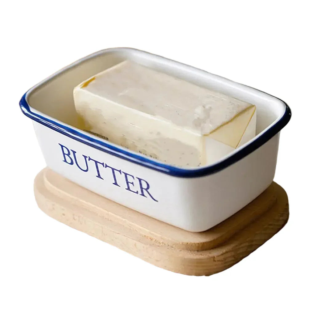 Butter Dish Enamel Wooden Lid Vintage - The Renmy Store Homewares & Gifts