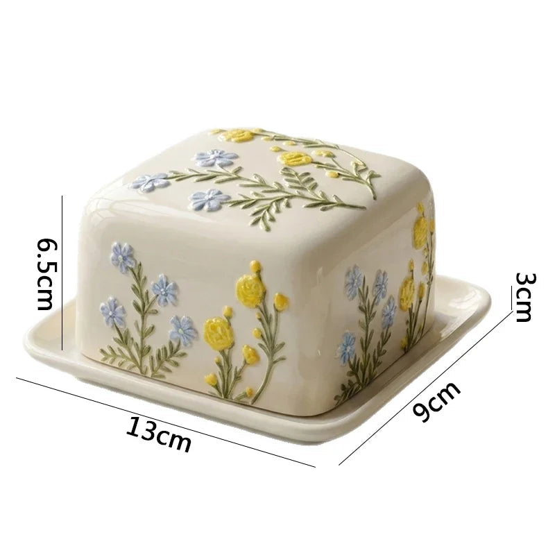 Hand-Painted Floral Ceramic Butter Dish with Lid