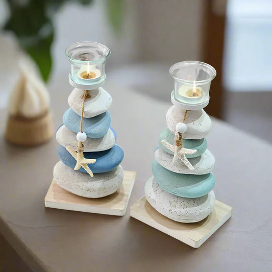 Candle Holder Stone Stack Starfish Coastal Beach House with Wood Base - The Renmy Store Homewares & Gifts
