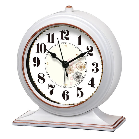 Vintage White Floral Desk Clock | Metal Quartz Mantel Clock