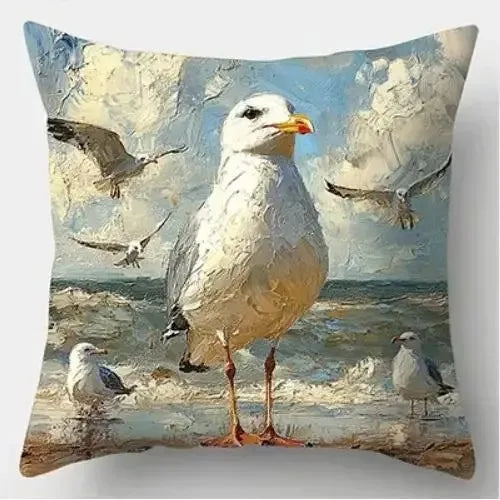 Seagull Beach Coastal Art Cushion Covers | Oil Painting Print Pillow Cases | Hamptons Decor