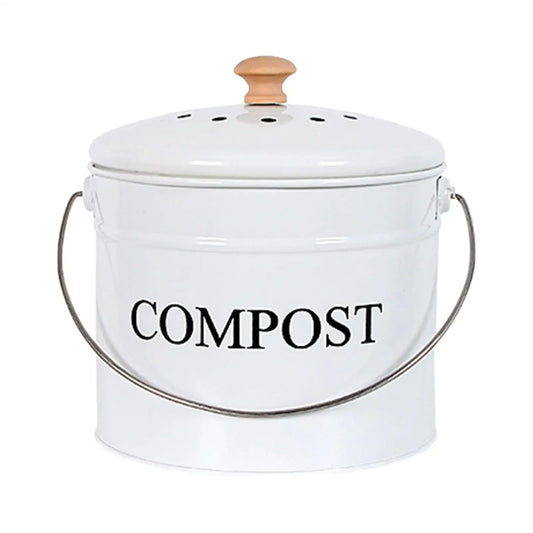 Kitchen Compost Bin White Metal Bucket with Carbon Filter Lid