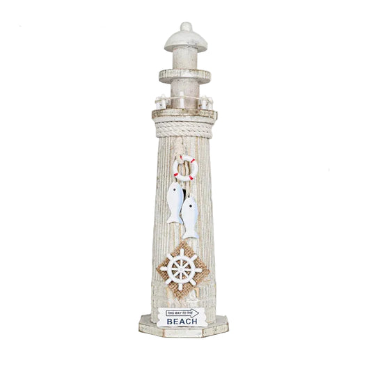 Wooden Lighthouse Ornament 32cm - Coastal Nautical Desktop Decor