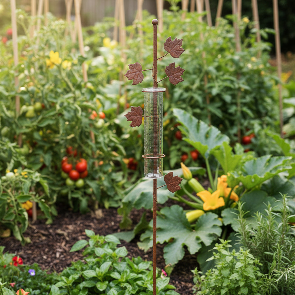 Rain Gauge Leaf Stake 100cm Cast Iron Glass Garden