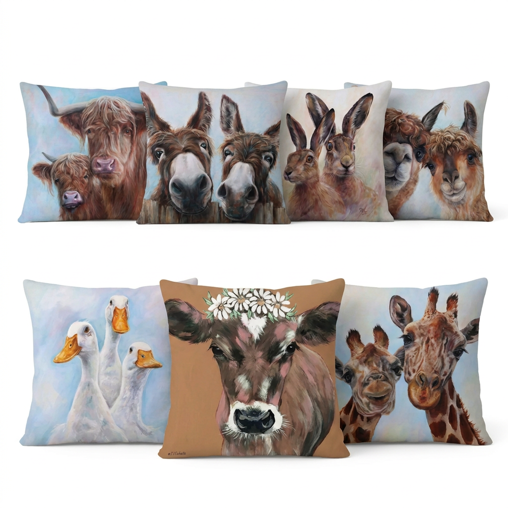 Animal cushion cover range on white background