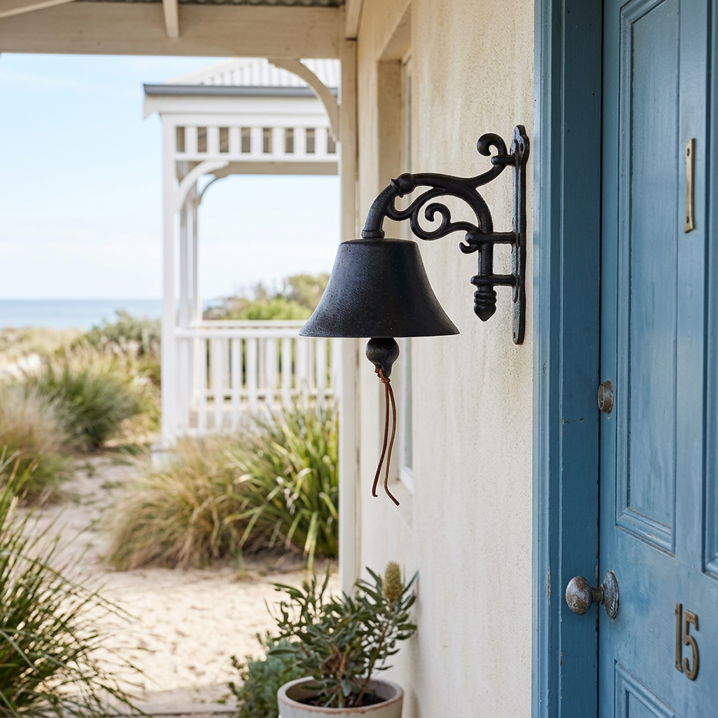 Antique scroll cast iron doorbell at an Australian coastal cottage entrance