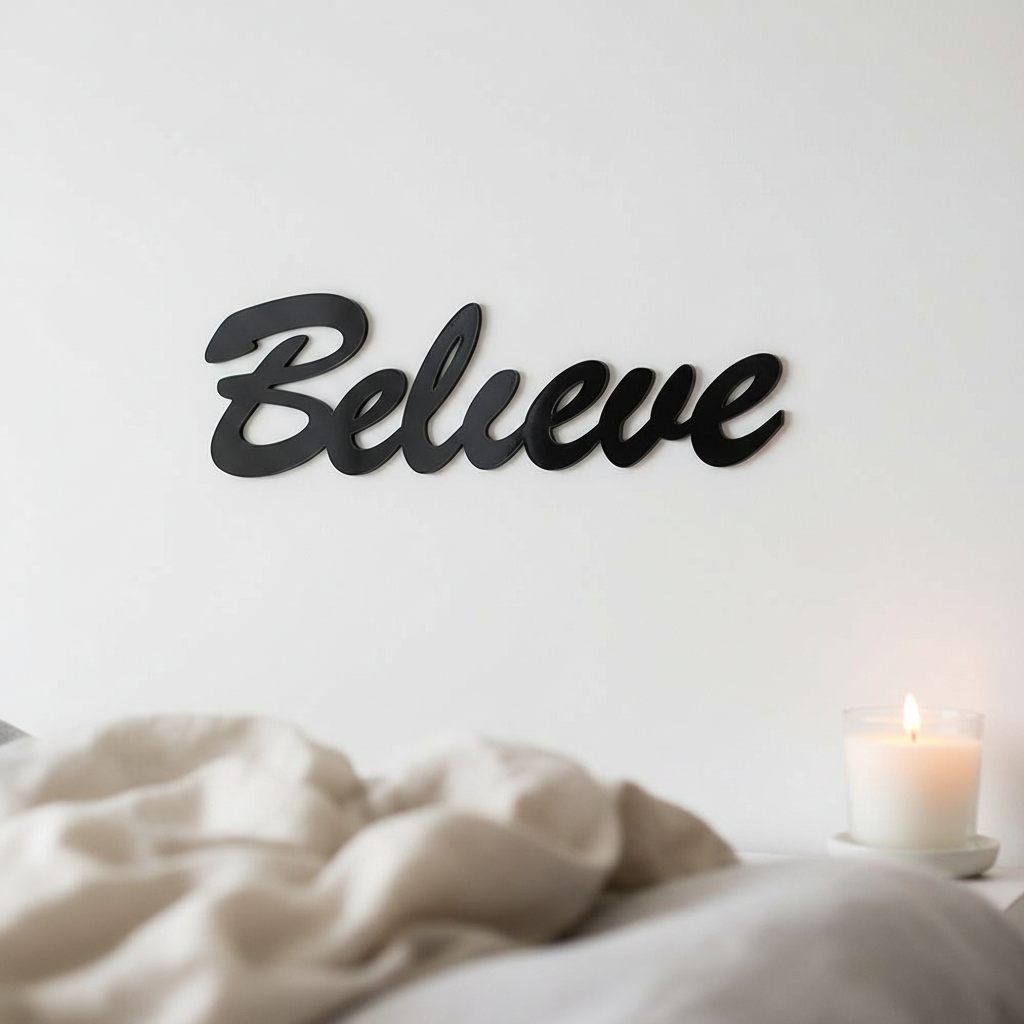 Believe Sign Black on White Bedroom Wall Hamptons