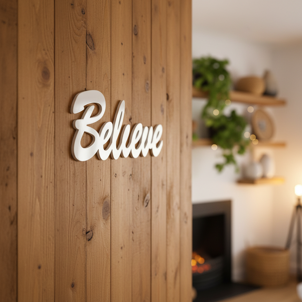 Believe Sign White on Timber Wall Farmhouse