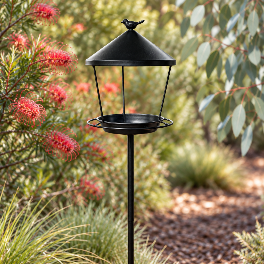 Black standing bird feeder close-up in an Australian native garden