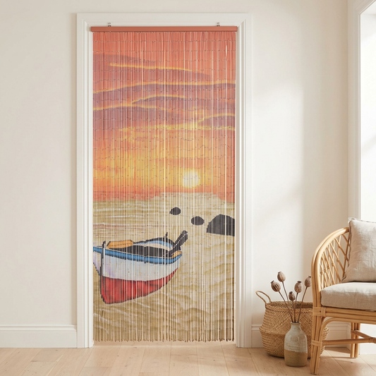 Boat Sunset bamboo curtain in a coastal cottage doorway