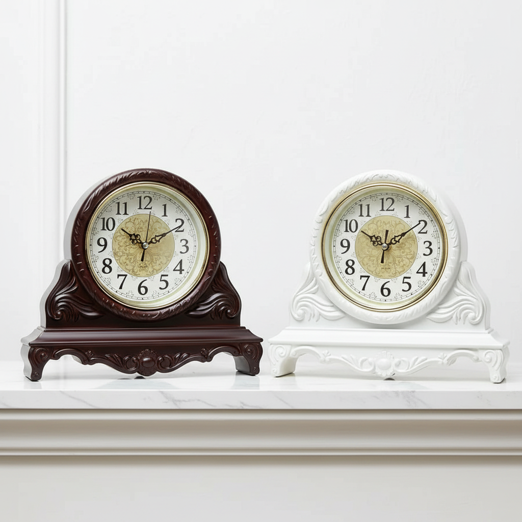 Both clocks close up on white marble mantel