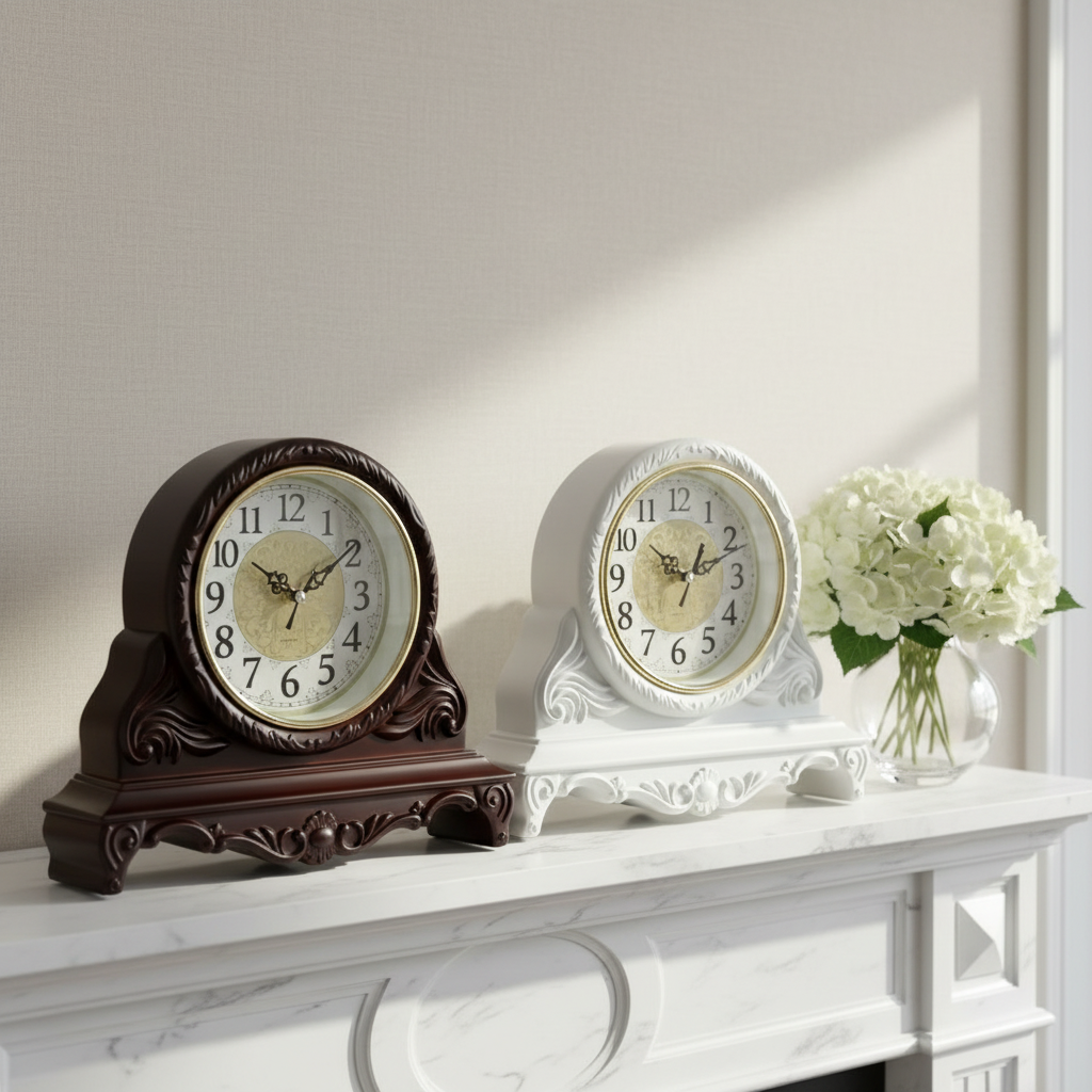 Both clocks on a marble Hamptons mantelpiece