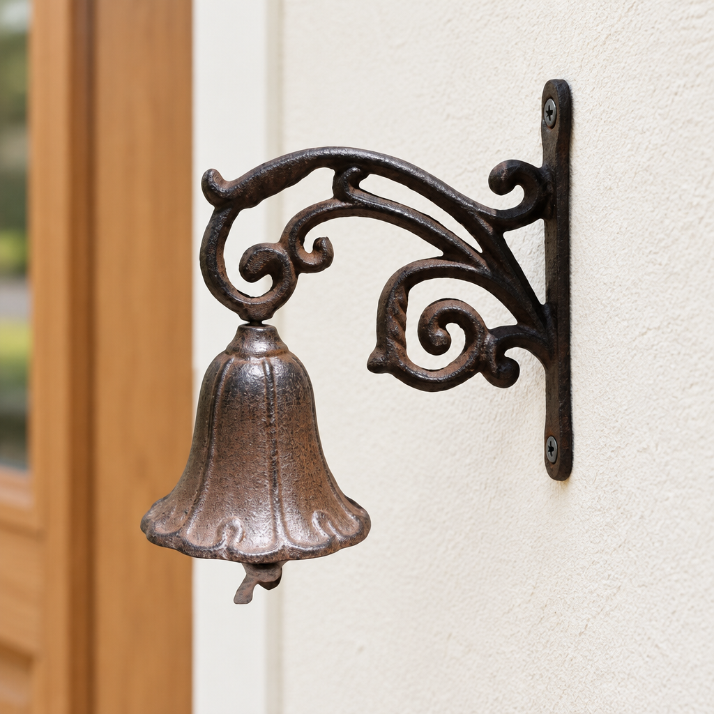 Bronze floral door bell beside a modern doorway