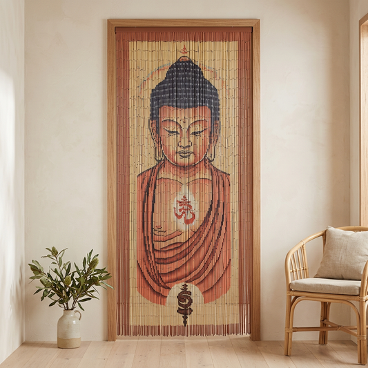 Buddha bamboo curtain in a warm natural home doorway