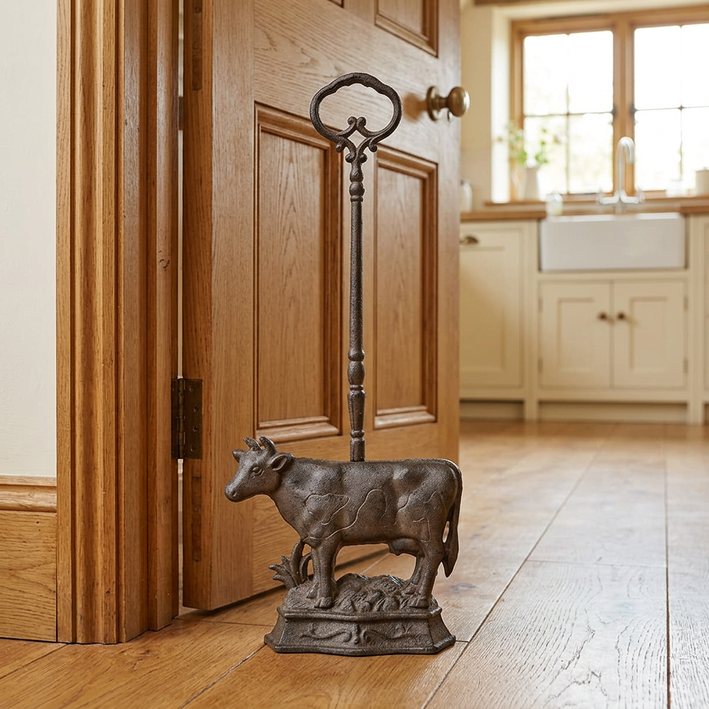 Cast iron cow doorstop beside an open farmhouse kitchen door