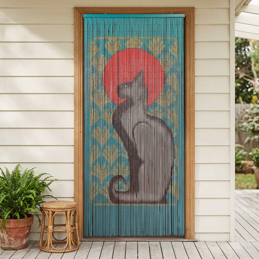 Cat bamboo curtain on a garden cottage veranda
