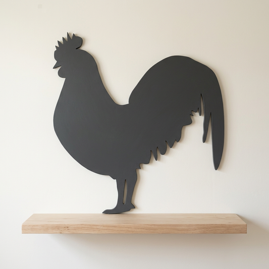 Charcoal rooster used as farmhouse wall decor