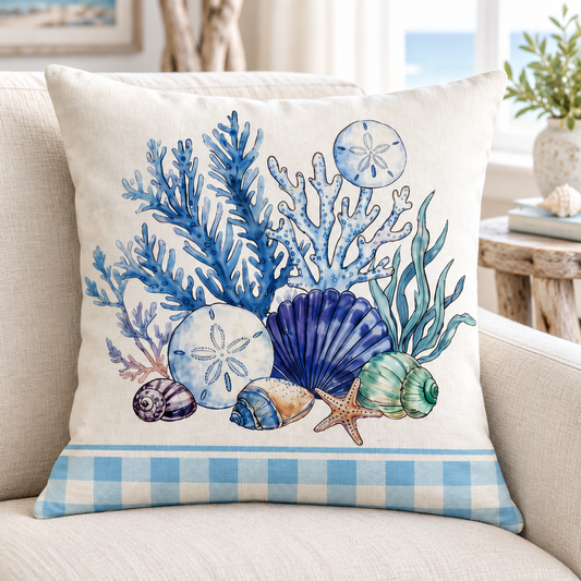 Coral and sand dollar cushion in a coastal living room