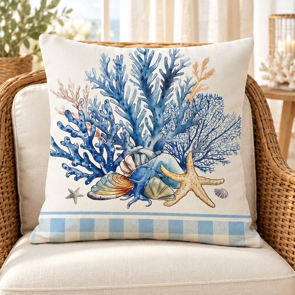 Coral and starfish cushion on an indoor rattan chair