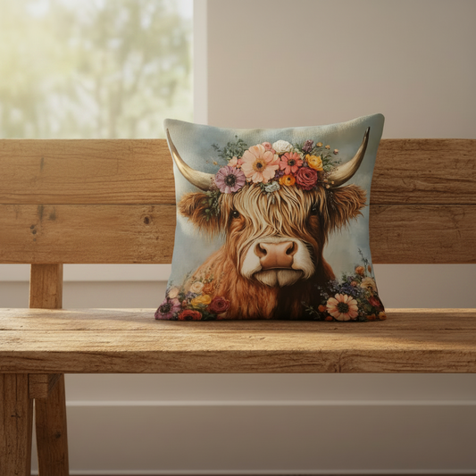 Cushion Cover Boho Cow Floral | Highland Cow Flower Crown Pillow Cover | Home Decor