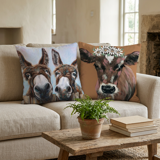 Donkey and floral cow cushions on a cottage sofa