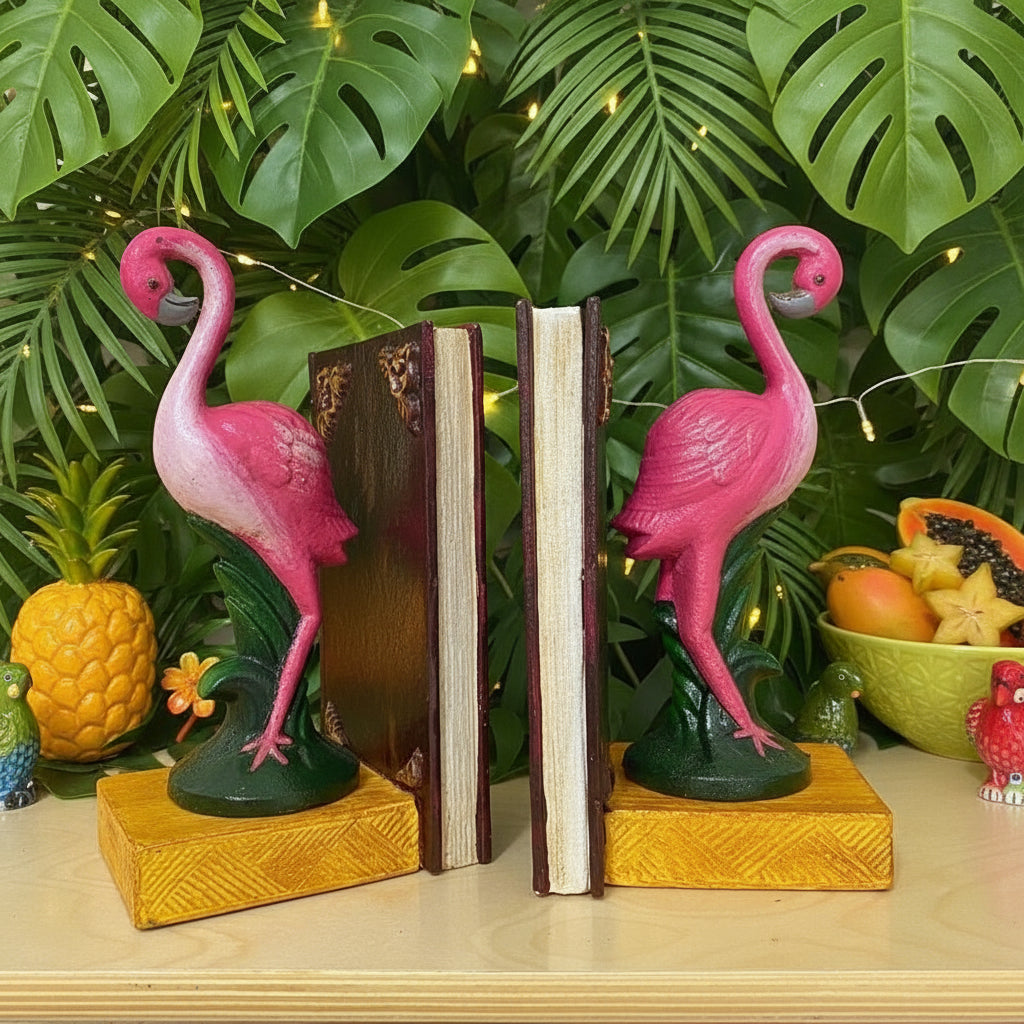 Pink flamingo bookends on a wooden surface with green foliage in the background