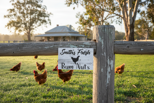 Fresh Bum Nuts Sign — Farmhouse property with chickens