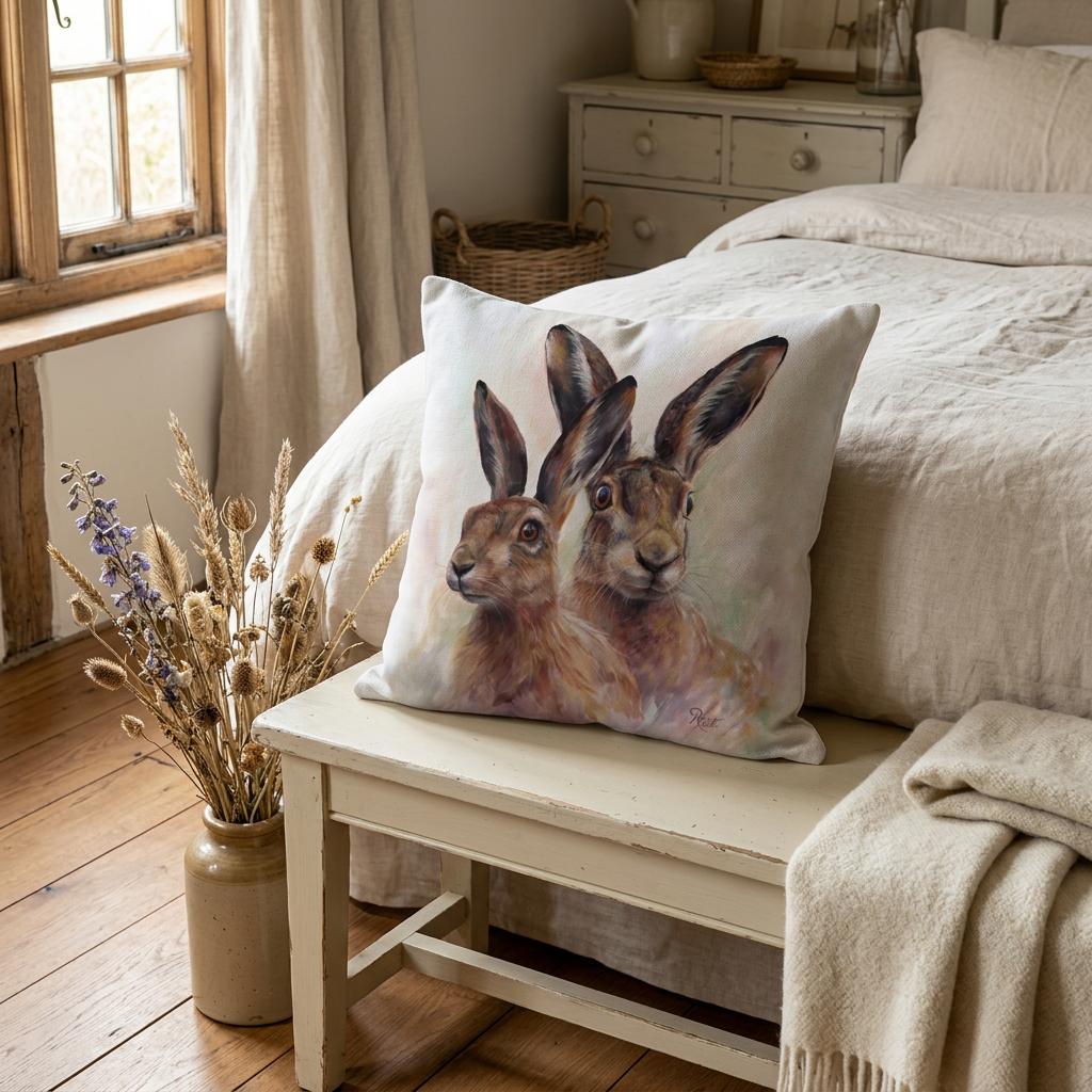 Hare cushion in a country bedroom
