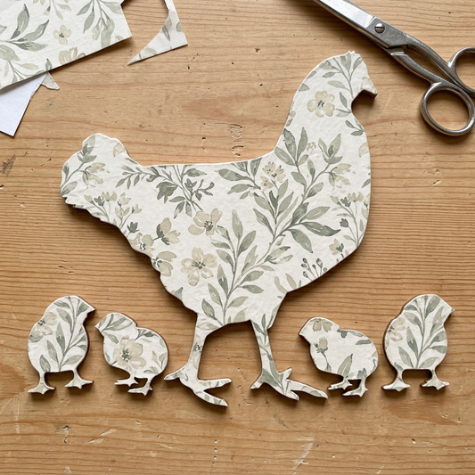 Hen and chicks with botanical decoupage