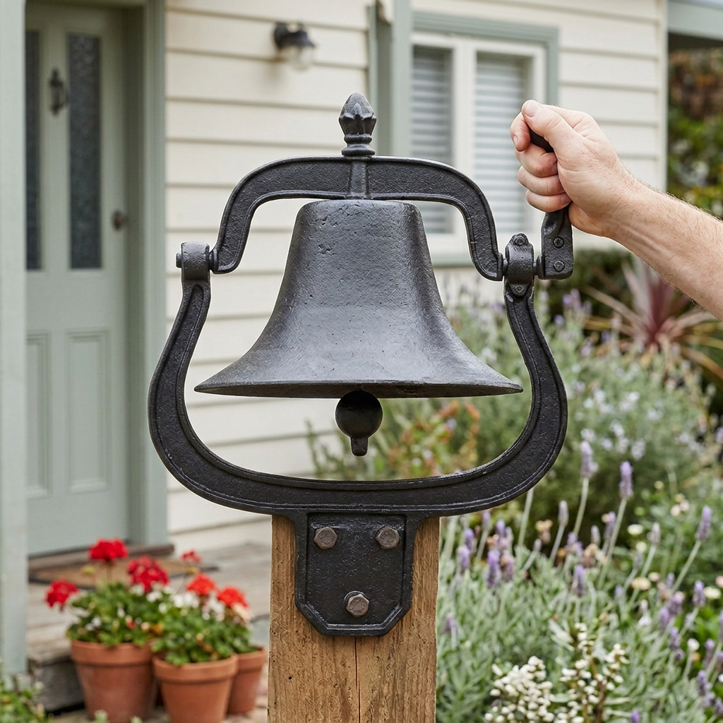 Higher-mounted school dinner bell with hand operating the lever
