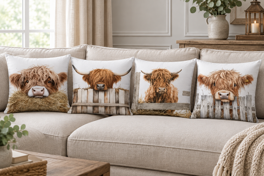 Highland cow cushion cover set styled on a linen sofa